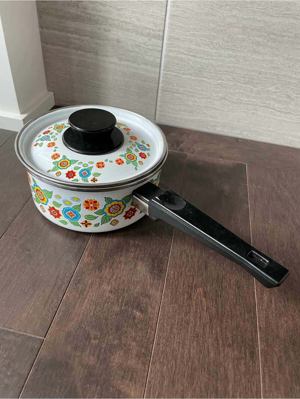 Vintage Hacienda Enamel 6 Inch Sauce Pan MCM Floral